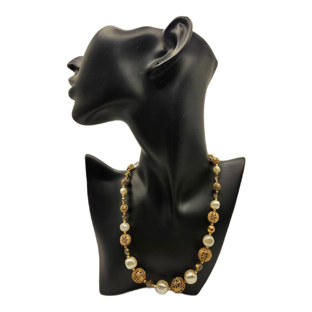 Art Deco Faux Pearl Necklace, Gold Filigree Bead Necklace, Aurora Borealis